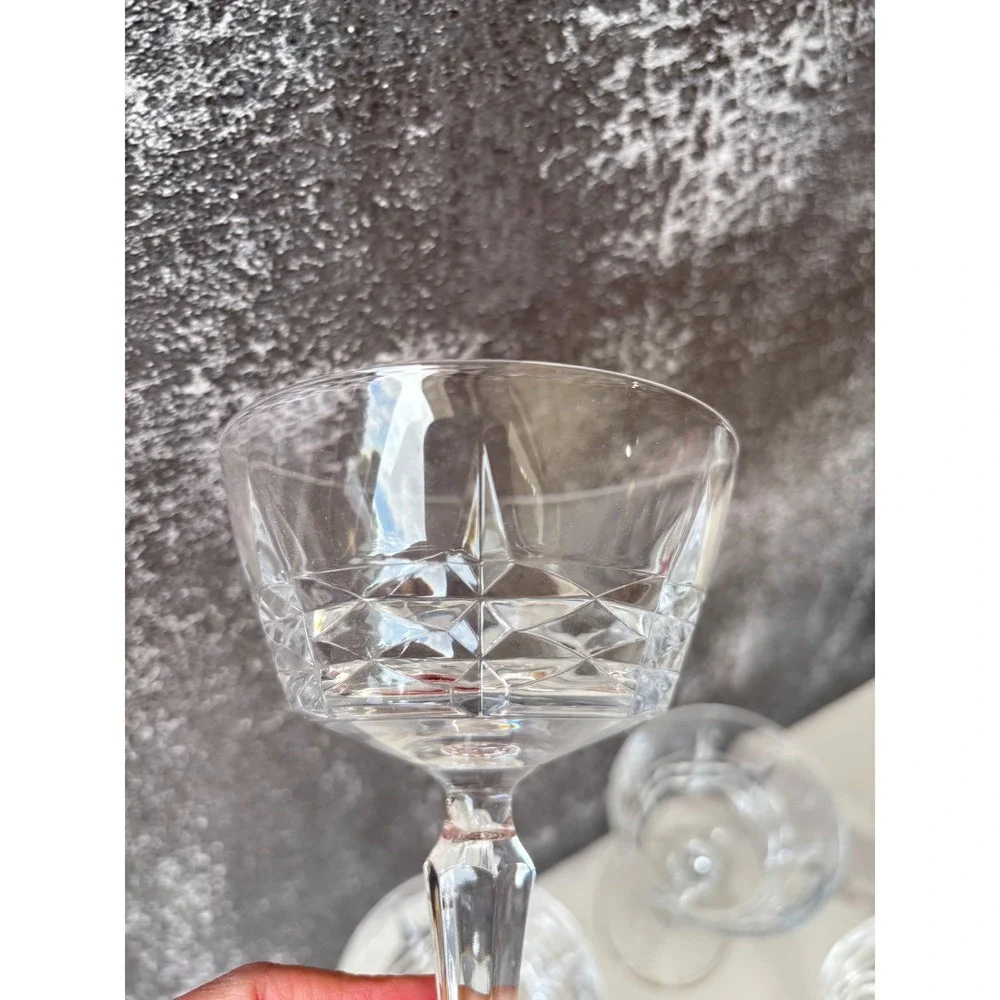 Vintage Crystal Champagne Coupe Glasses Set‎ of 4 Diamond Cut Pedestal Stemware